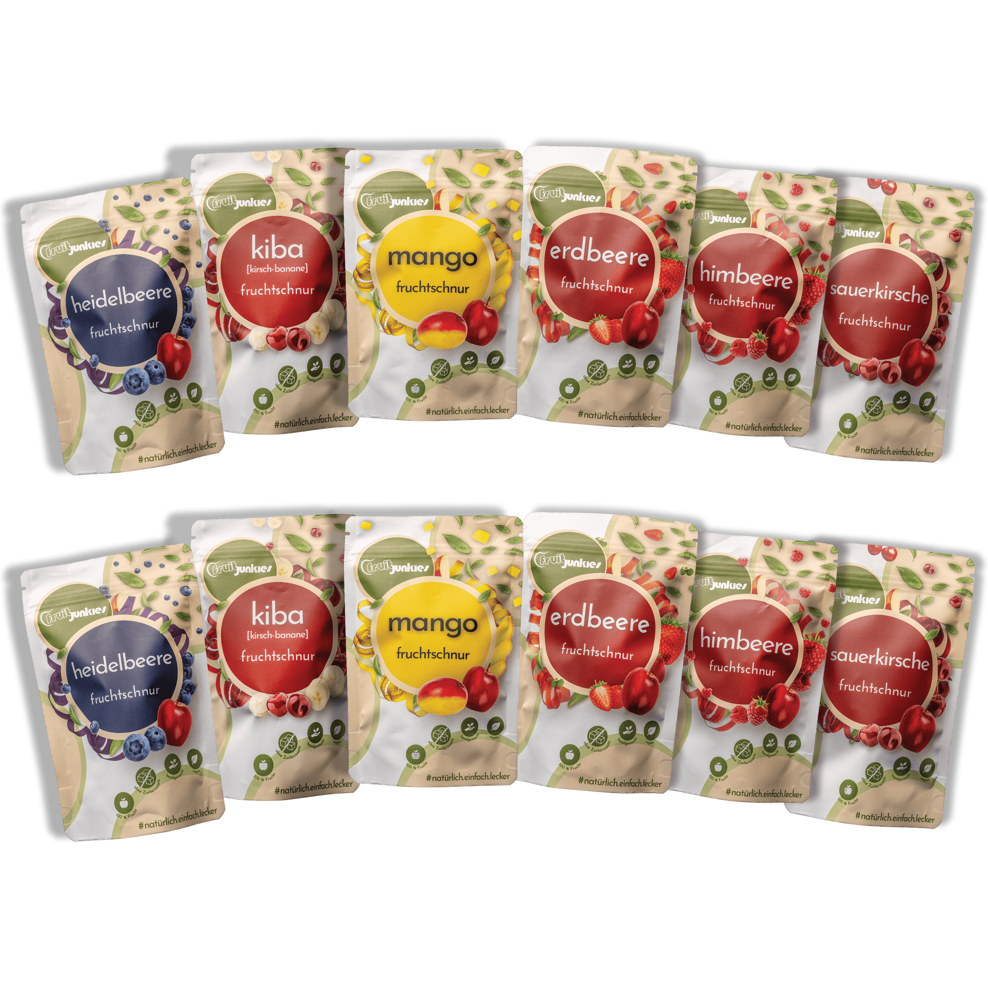 Fruitjunkies 80g Tüten Fruchtschnüre je 2 mal Heidelbeere, KiBa, Mango, Erdbeere, Himbeere,  Sauerkirsche
