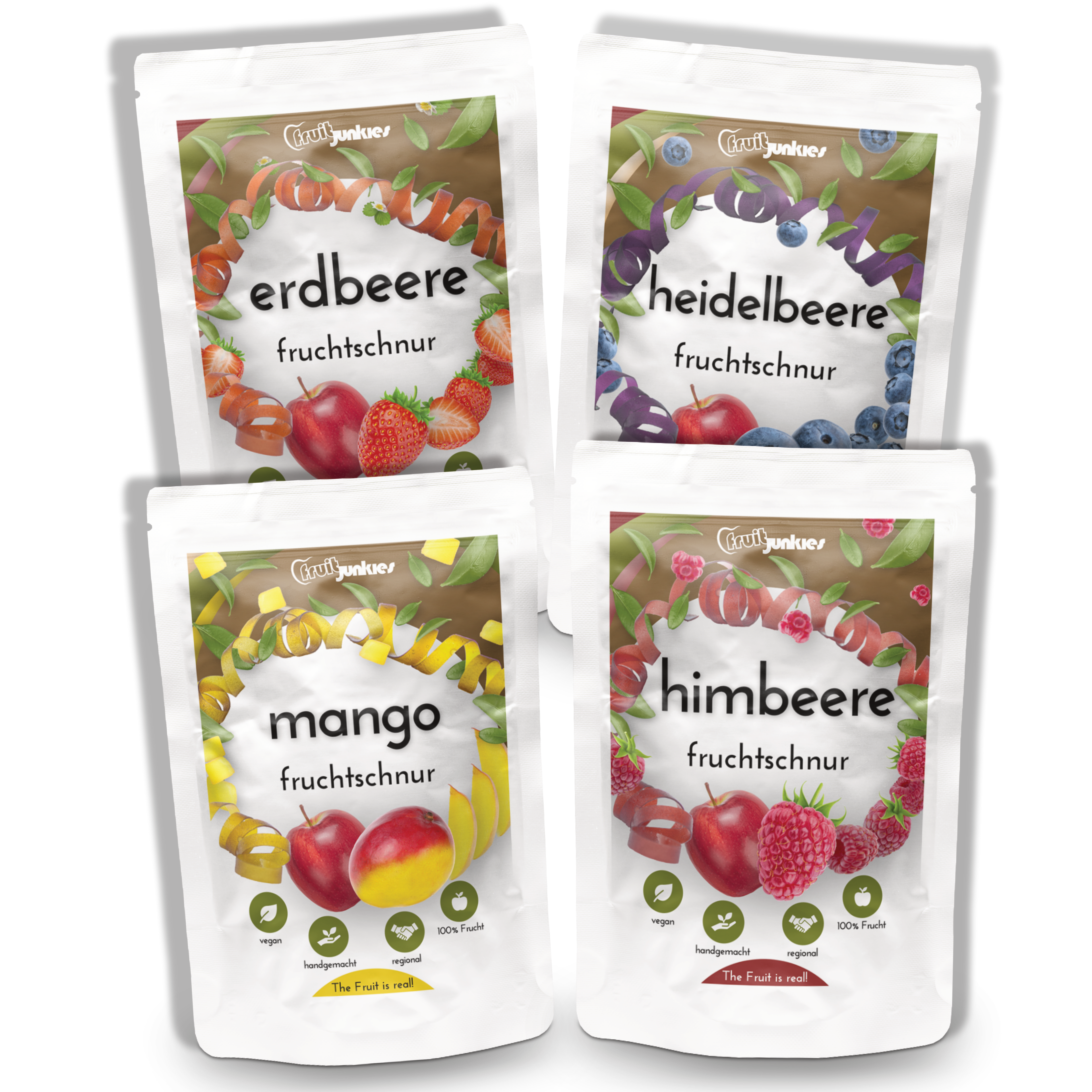 Das fruitjunkies Bundle 36g Tüten bestehend aus Himbeere, Erdbeere, Mango, Heidelbeere