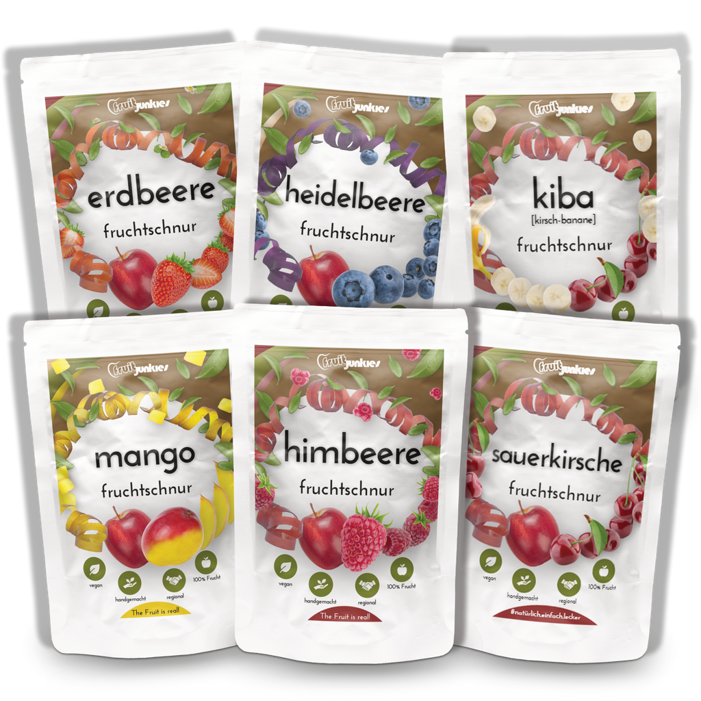 Das fruitjunkies Bundle 36g Tüten bestehend aus Himbeere, Erdbeere, Mango, Heidelbeere, Sauerkirsche, KiBa