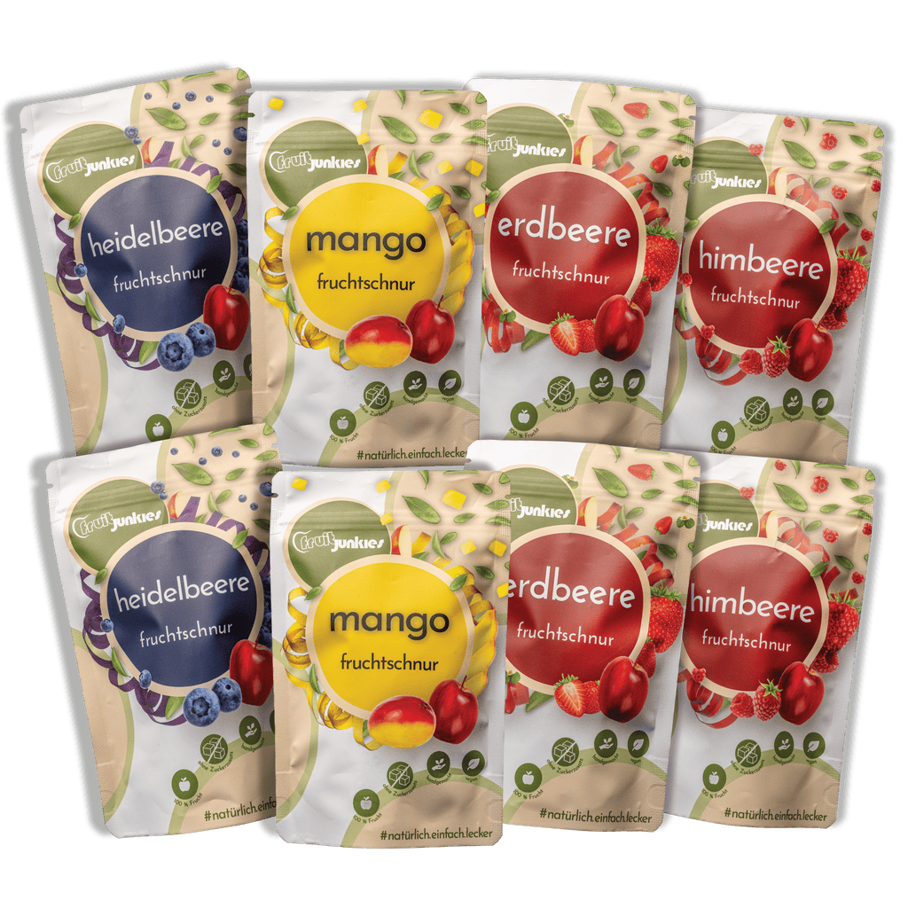 Das fruitjunkies Bundle 80g Tüten Fruchtschnüre bestehend aus je 2 mal Himbeere, Erdbeere, Mango, Heidelbeere