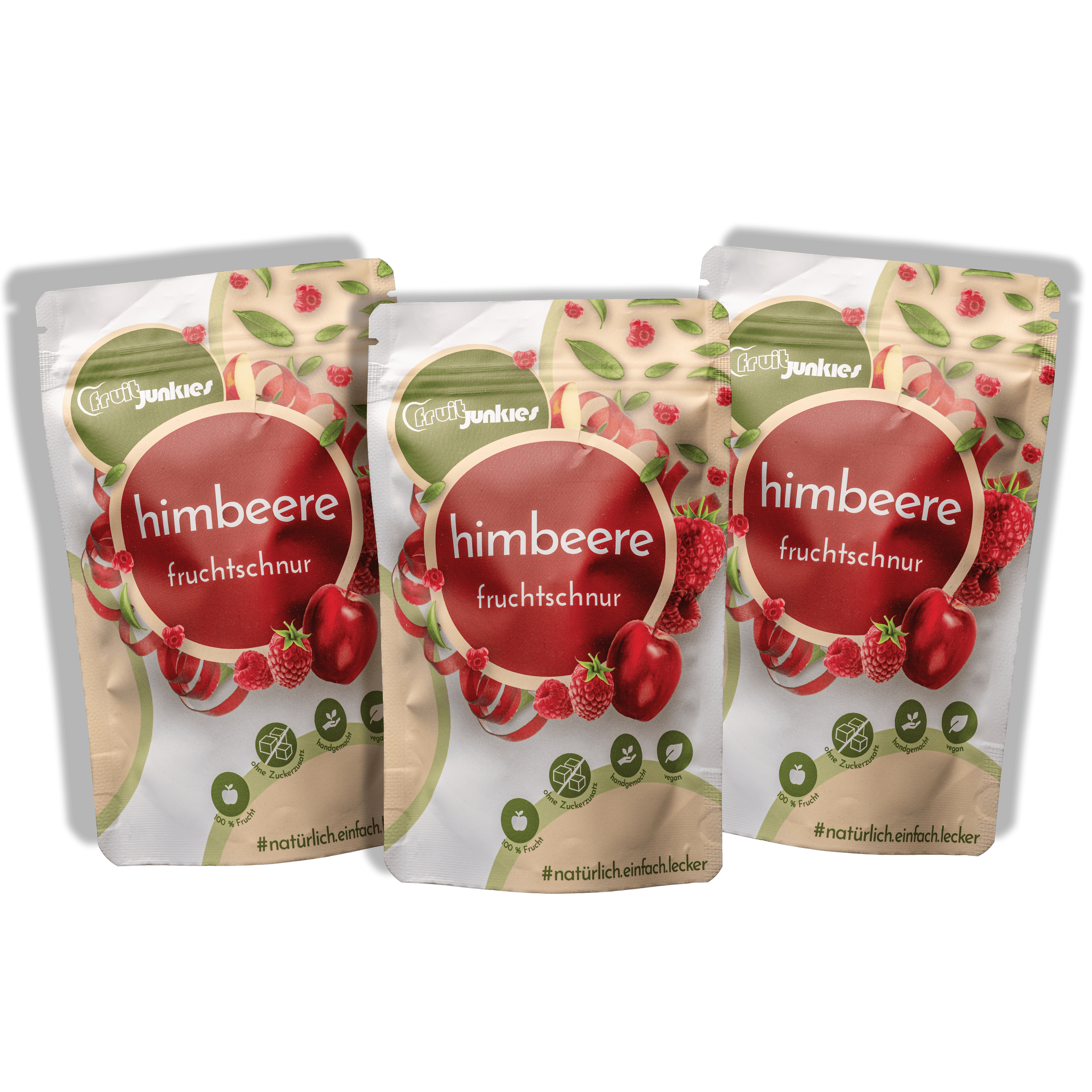Das fruitjunkies Bundle 80g Tüten bestehend aus 3 mal Himbeere - Himbeere Überdosis