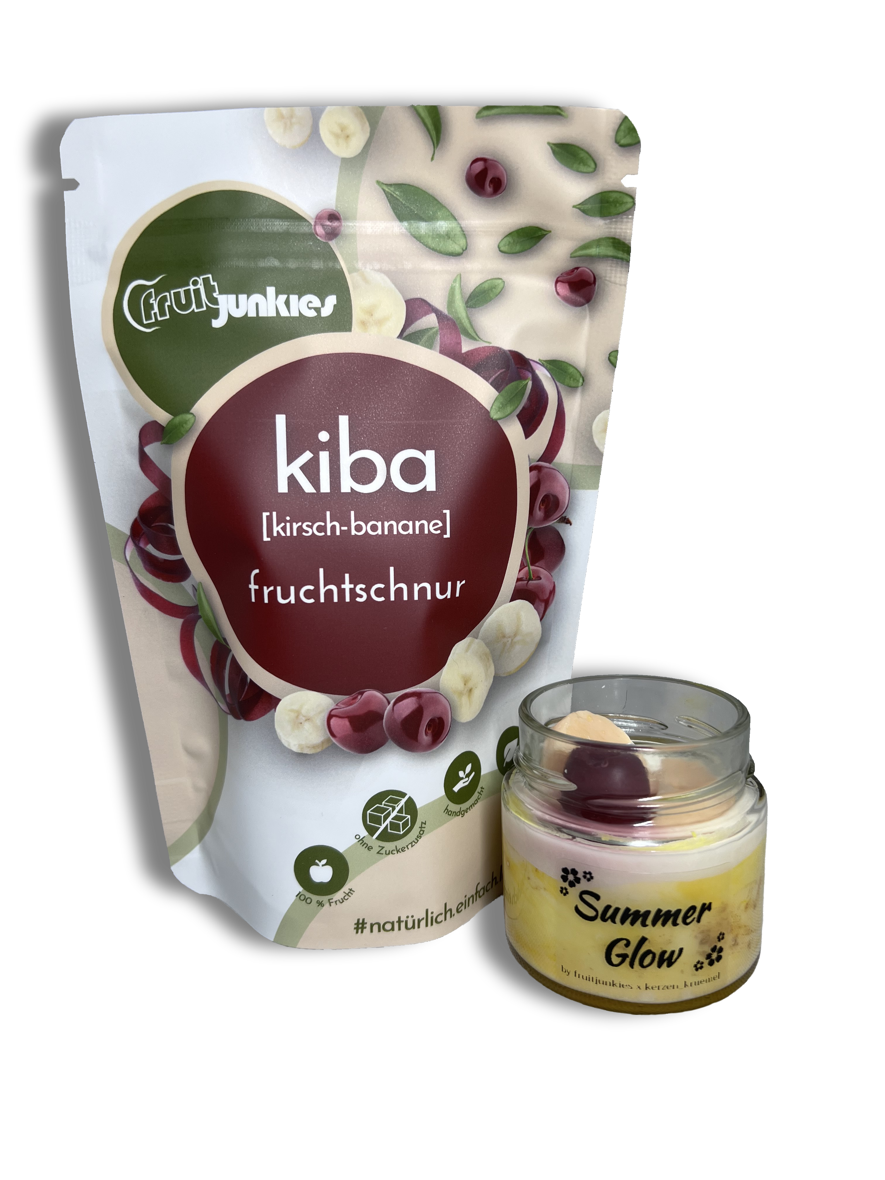 80g Fruitjunkies KiBa mit der passenden SummerGlow Kerze geöffnet ohne Hintergrund