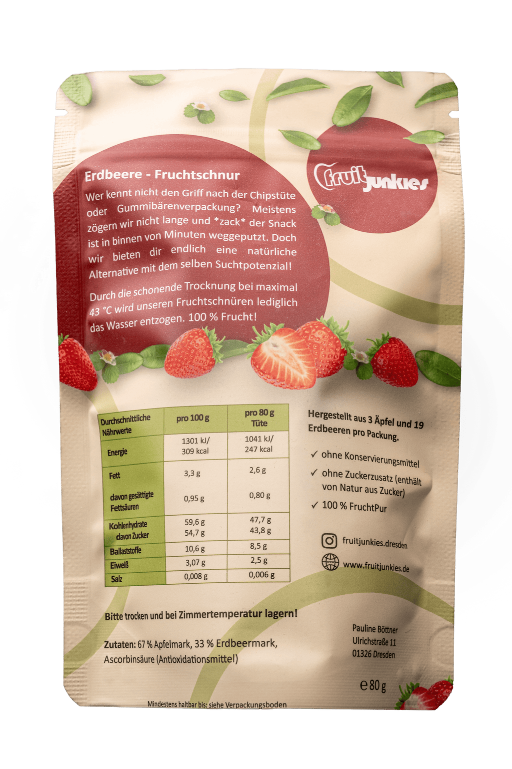 Fruchtschnur Erdbeere 80g Tüte Rückseite