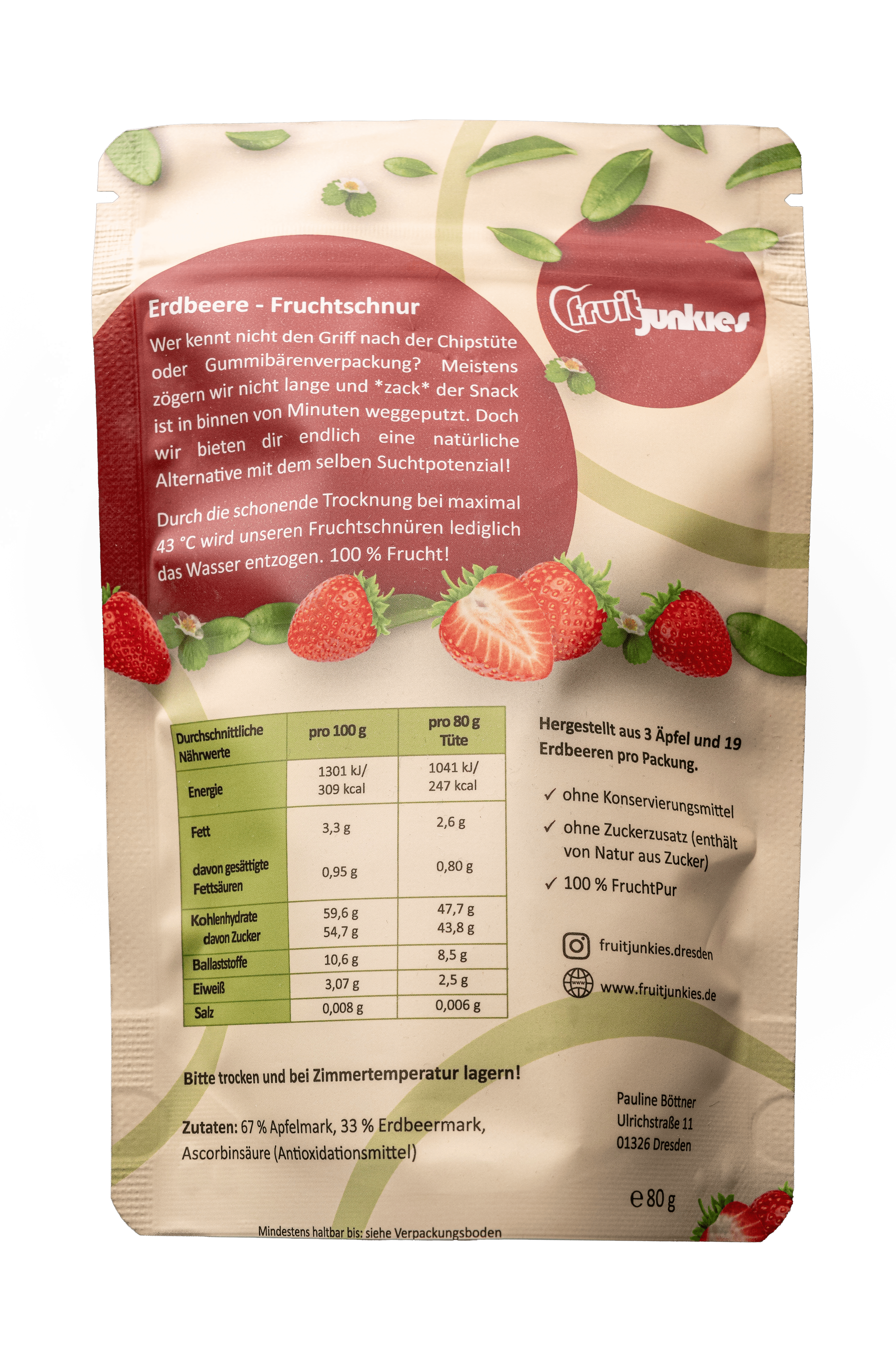 Fruchtschnur Erdbeere 80g Tüte Rückseite