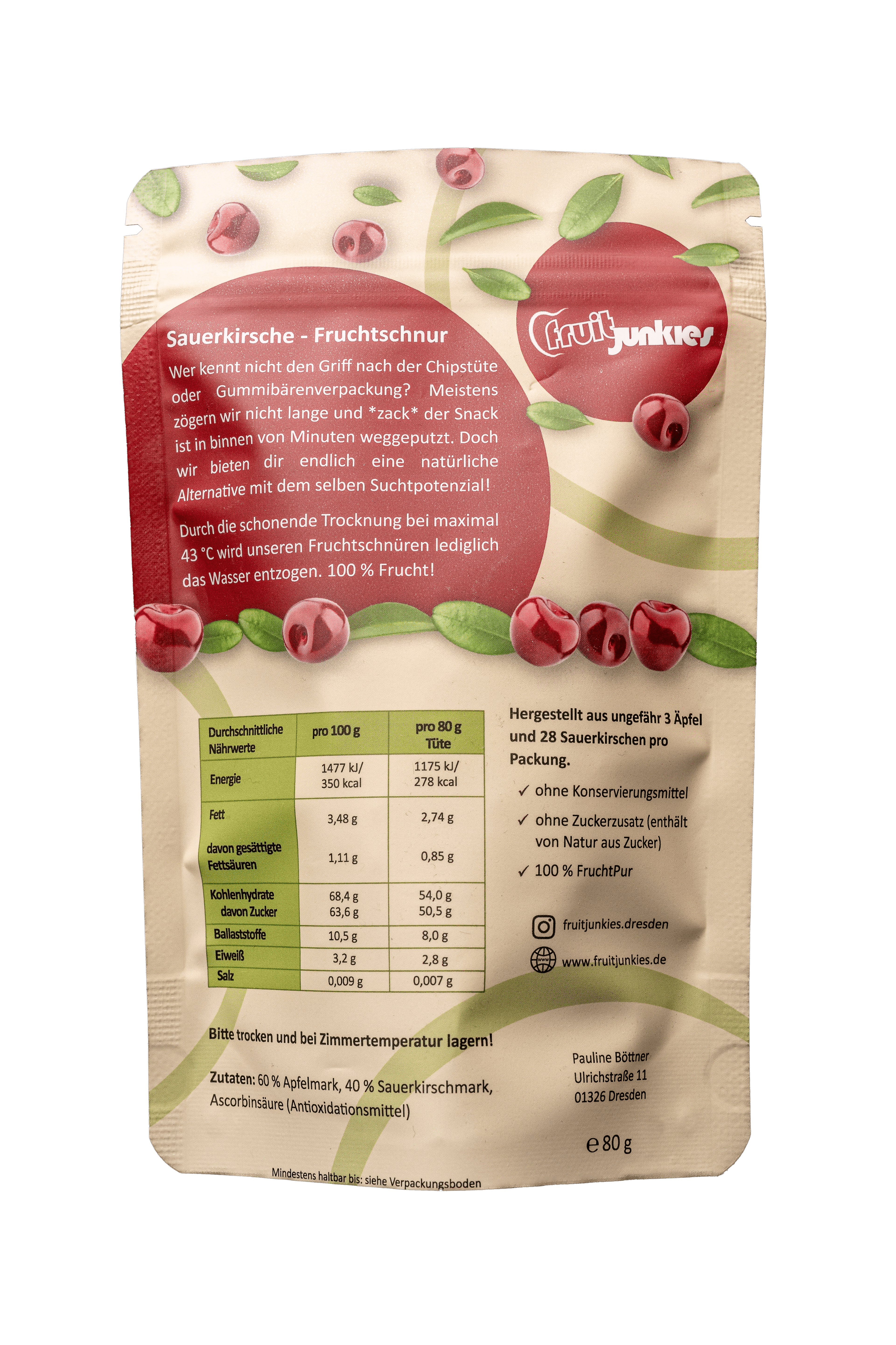 Fruchtschnur Sauerkirsche 80g Tüte Rückseite
