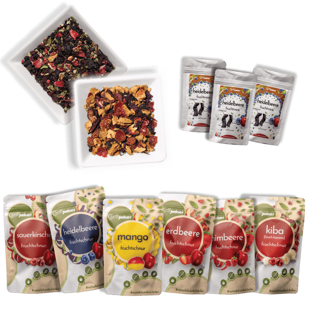 Das fruitjunkies Bundle bestehend aus zwei Tee-Sorten, Fruchtminis Heidelbeere und 80g Tüten Sauerkirsche, Heidelbeere, Mango, Erdbeere, Himbeere, KiBa
