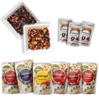 Das fruitjunkies Bundle bestehend aus zwei Tee-Sorten, Fruchtminis Heidelbeere und 80g Tüten Sauerkirsche, Heidelbeere, Mango, Erdbeere, Himbeere, KiBa